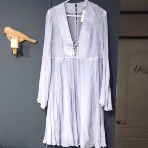 Light Gray Boho Dress with Lace-Up Detail